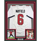 Framed Autographed/Signed Baker Mayfield 35x39 Tampa Bay White Football Jersey Beckett BAS COA