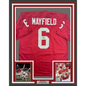 Framed Autographed/Signed Baker Mayfield 35x39 Oklahoma Crimson College Football Jersey Beckett BAS COA