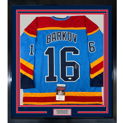 Framed Autographed/Signed Aleksander Barkov 35x39 Florida Blue Reverse Retro Hockey Jersey Beckett BAS COA