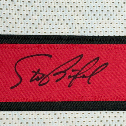 Framed Autographed/Signed Steve Bartkowski 35x39 Atlanta White Football Jersey JSA COA