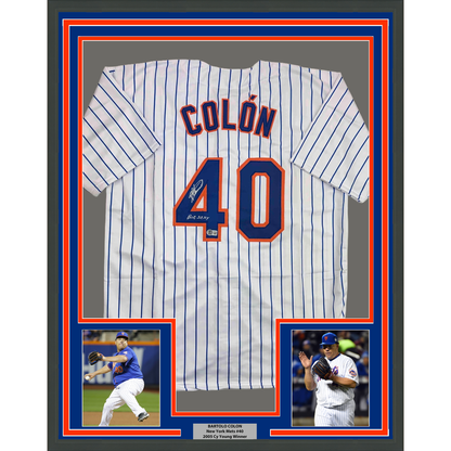Framed Autographed/Signed Bartolo Colon 35x39 Inscribed Big Sexy New York Pinstripe Baseball Jersey Beckett BAS COA