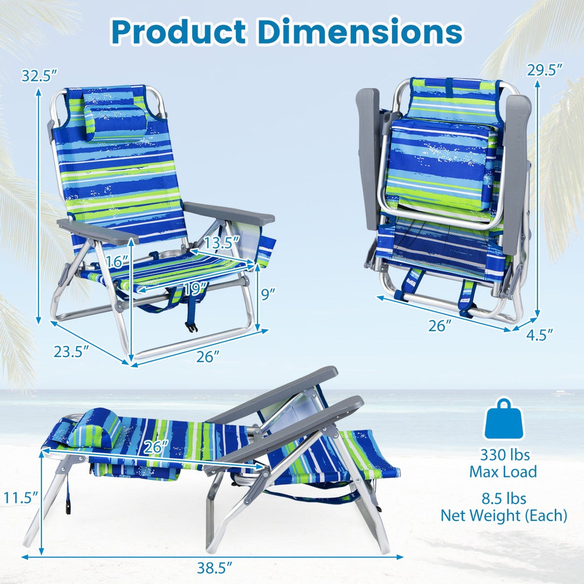Beach Chairs Set of 2 Portable Folding Backpack Recliners with 5-Position Backrest and Padded Headrest