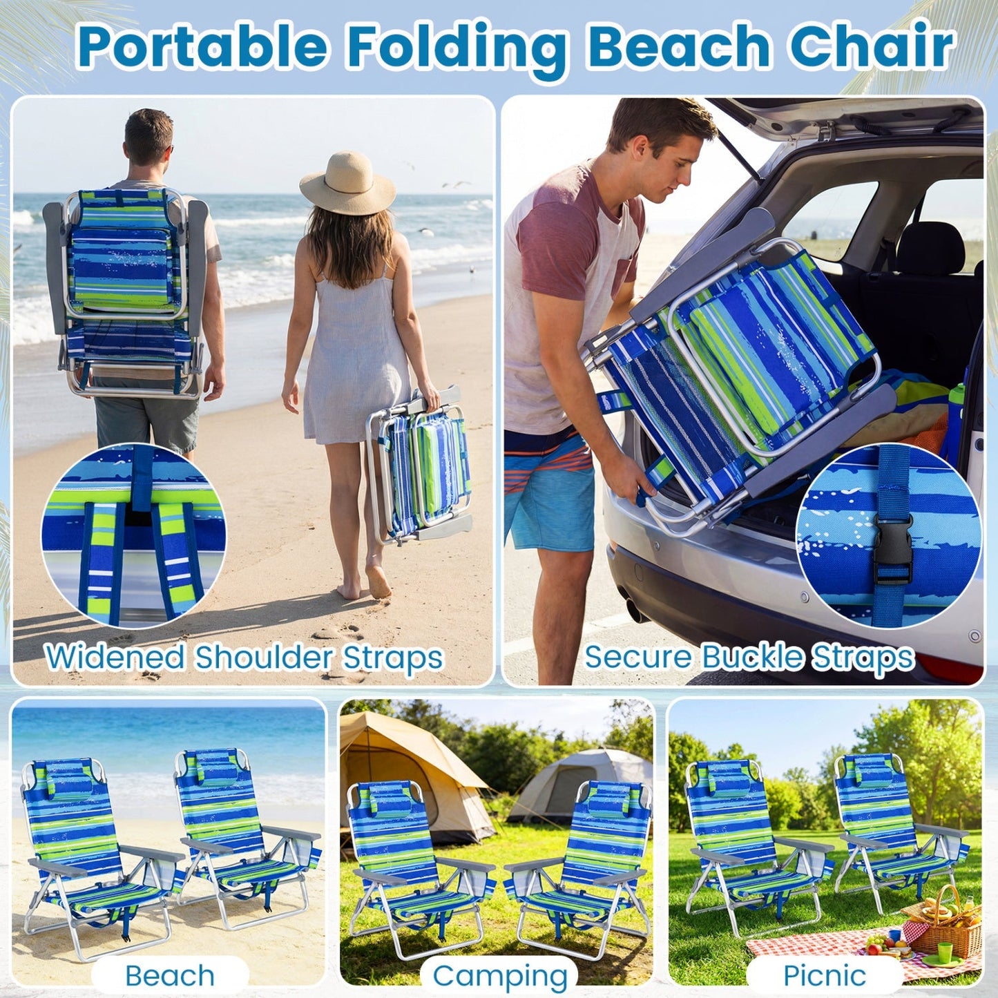 Beach Chairs Set of 2 Portable Folding Backpack Recliners with 5-Position Backrest and Padded Headrest