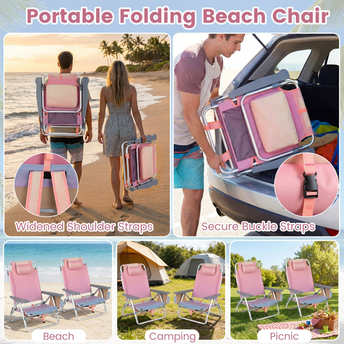 Beach Chairs Set of 2 Portable Folding Backpack Recliners with 5-Position Backrest and Padded Headrest