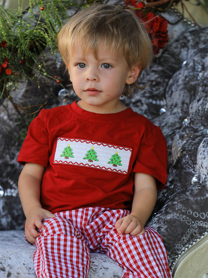Christmas Smocking Embroidered Christmas Tree Plaid Boys Set