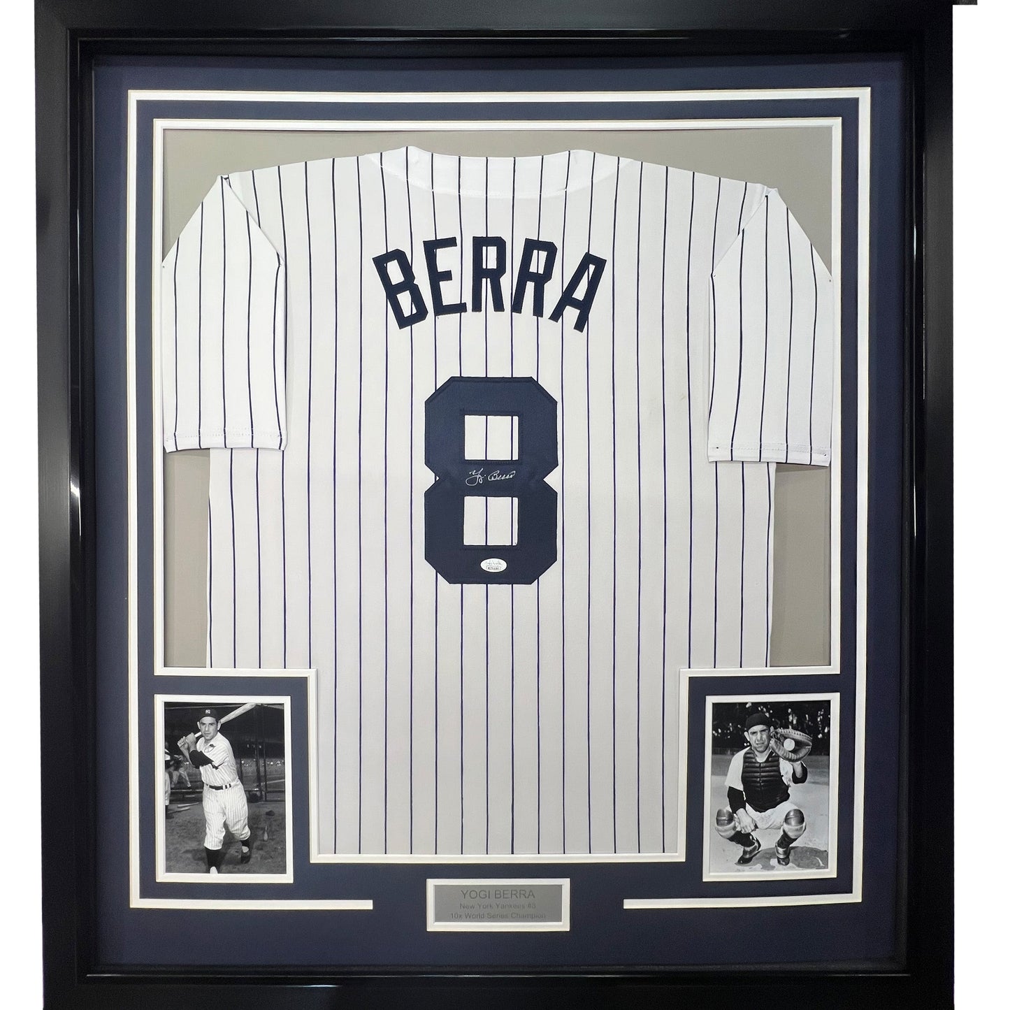 Framed Autographed/Signed Yogi Berra 35x39 New York Pinstripe Baseball Jersey JSA COA