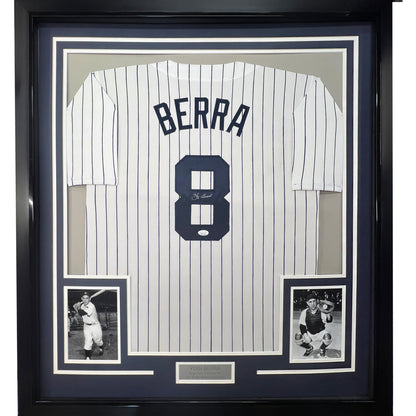 Framed Autographed/Signed Yogi Berra 35x39 New York Pinstripe Baseball Jersey JSA COA