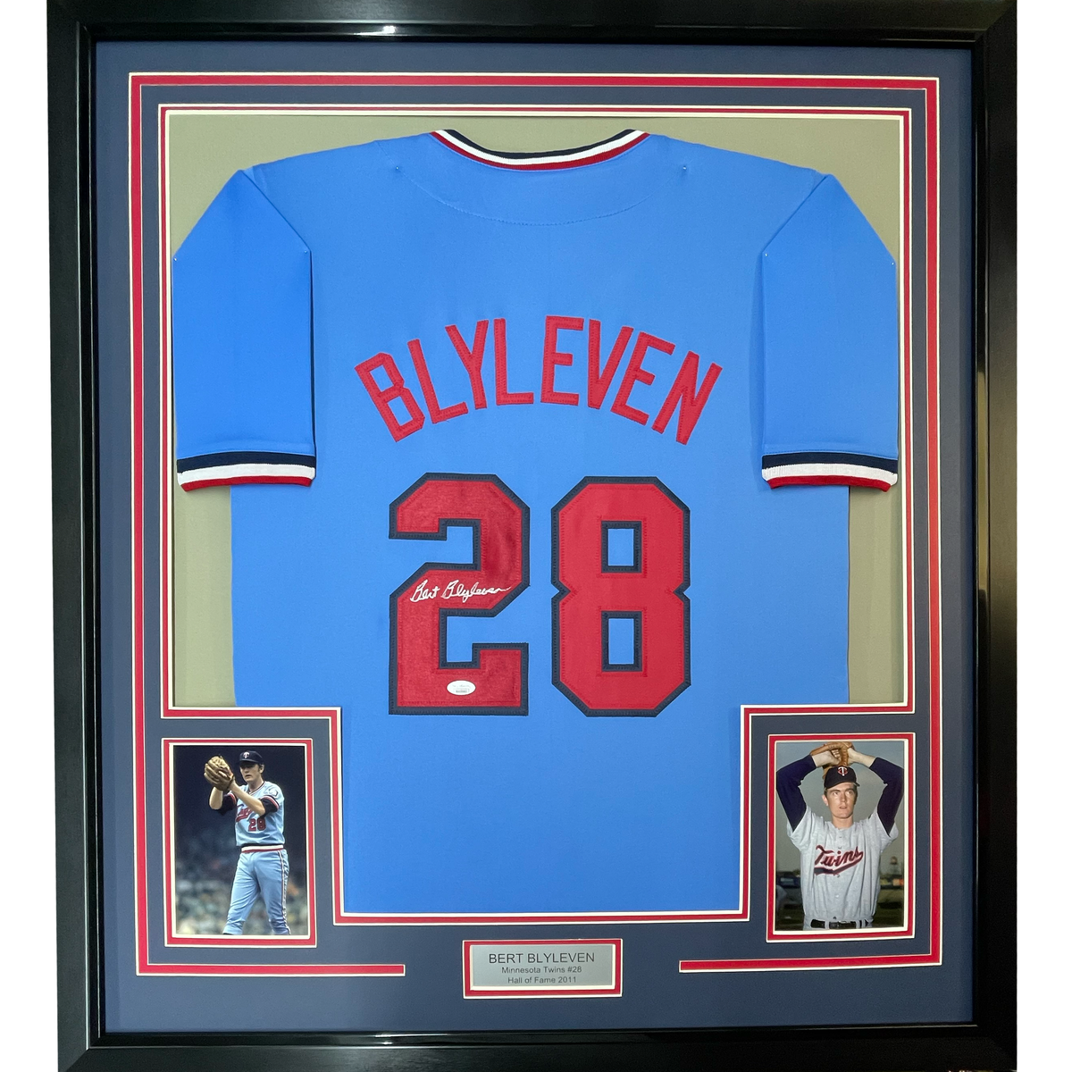 Framed Autographed/Signed Bert Blyleven 35x39 Minnesota Light Blue Baseball Jersey JSA COA