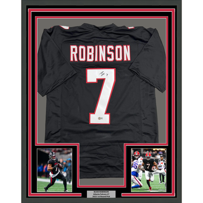 Framed Autographed/Signed Bijan Robinson 35x39 Atlanta Retro Black Football Jersey Beckett BAS COA