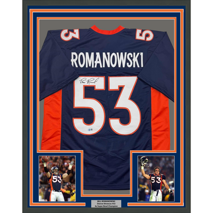 Framed Autographed/Signed Bill Romanowski 35x39 Denver Blue Football Jersey Beckett BAS COA