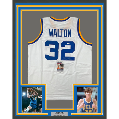 Framed Autographed/Signed Bill Walton 35x39 UCLA White College Basketball Jersey JSA COA