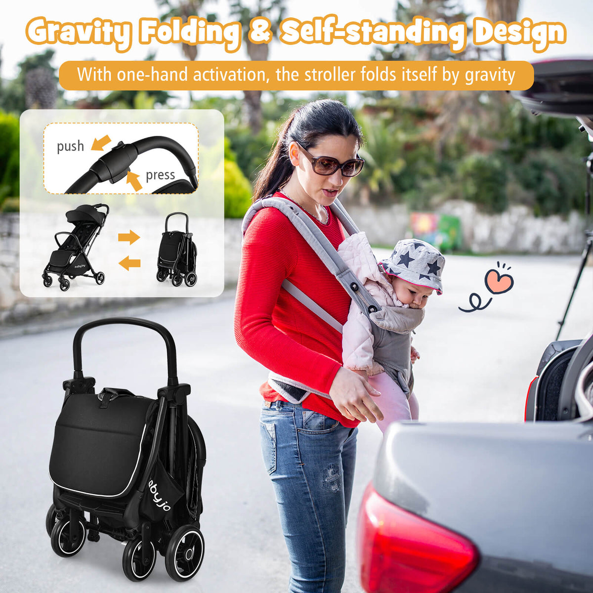 One-Hand Folding Portable Lightweight Baby Stroller with Aluminum Frame-Black