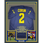 Framed Autographed/Signed Blake Corum Michigan 35x39 Blue Stat College Football Jersey Beckett BAS COA