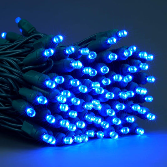 4 pack - 5mm - 50 ct - Blue LED- 4" spacing - Green wire - 17 ft long