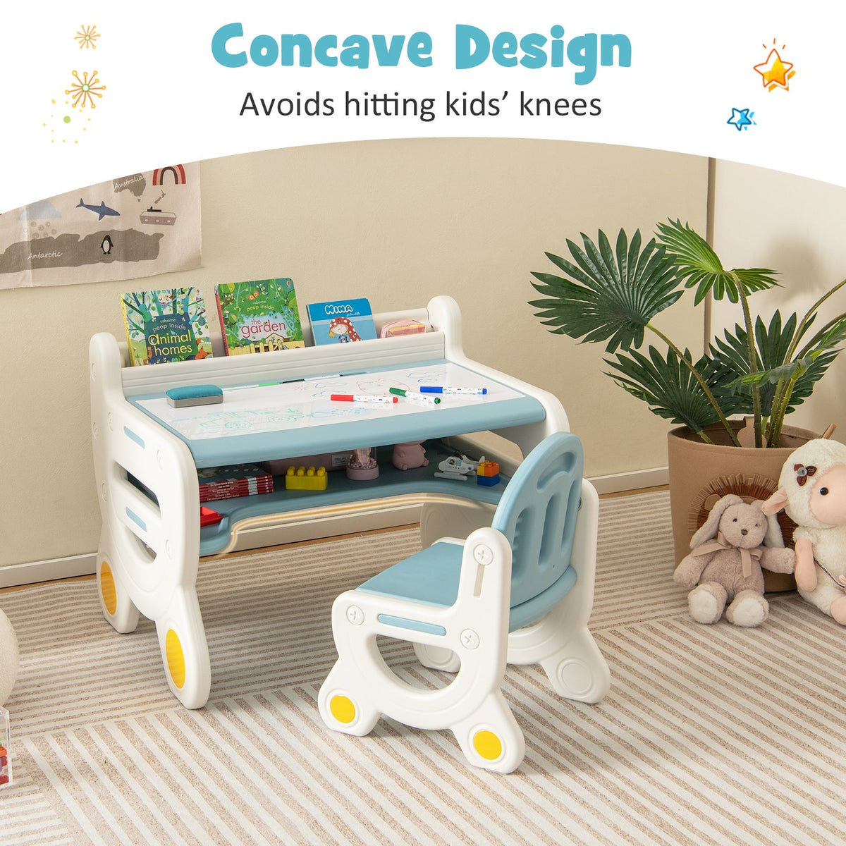 Kids Drawing Table and Chair Set with Watercolor Pens and Blackboard Eraser