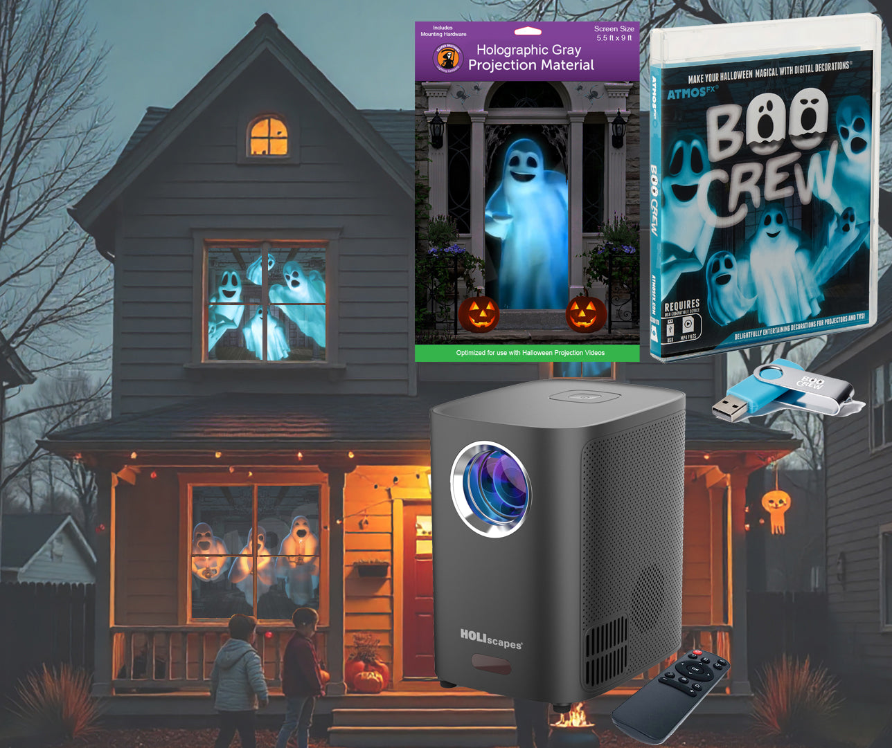 HoliScapes® USB Projector Kit - Boo Crew + Projector + 5.5 ft x 9 ft Projection Screen