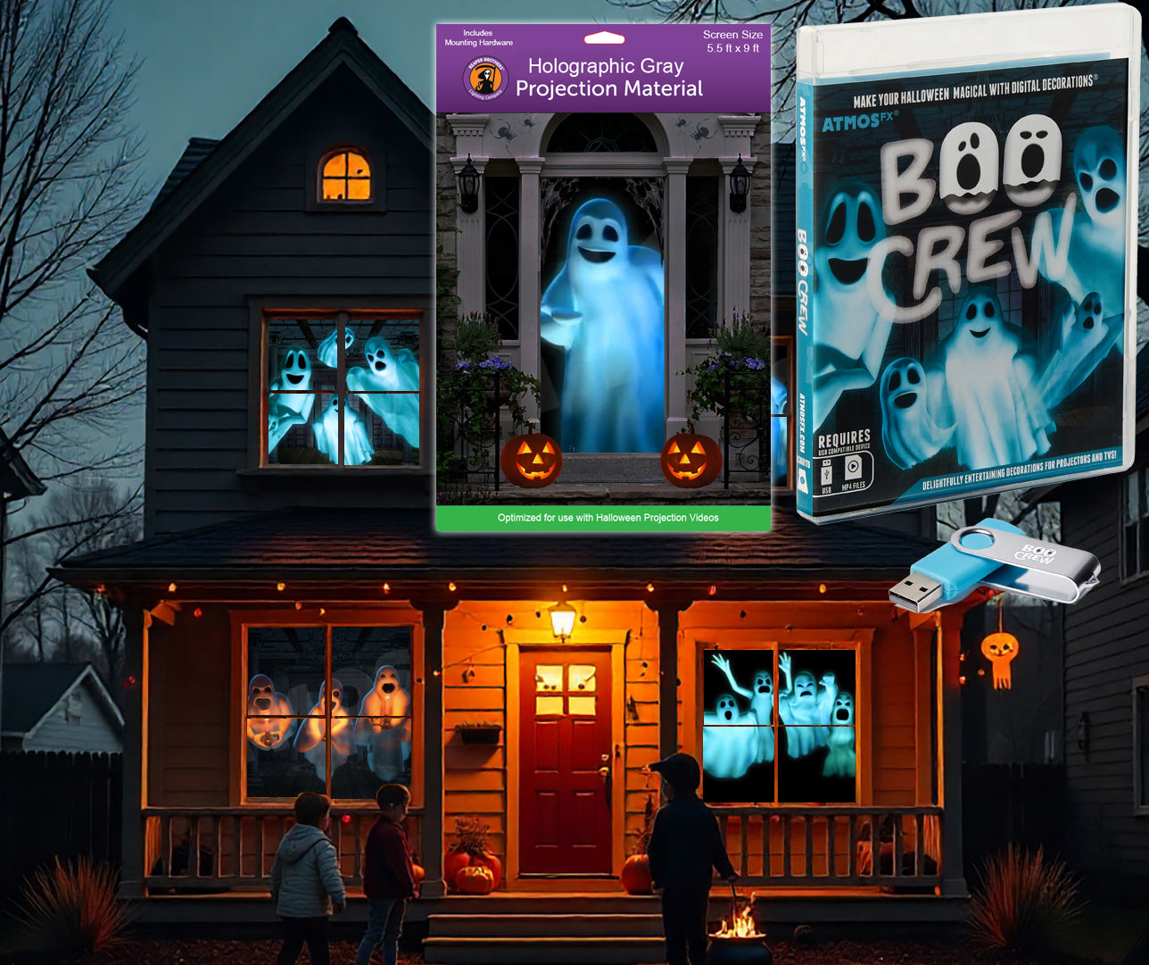 AtmosFX Halloween Digital Decoration USB - Boo Crew + 5.5 ft x 9 ft Projection Screen