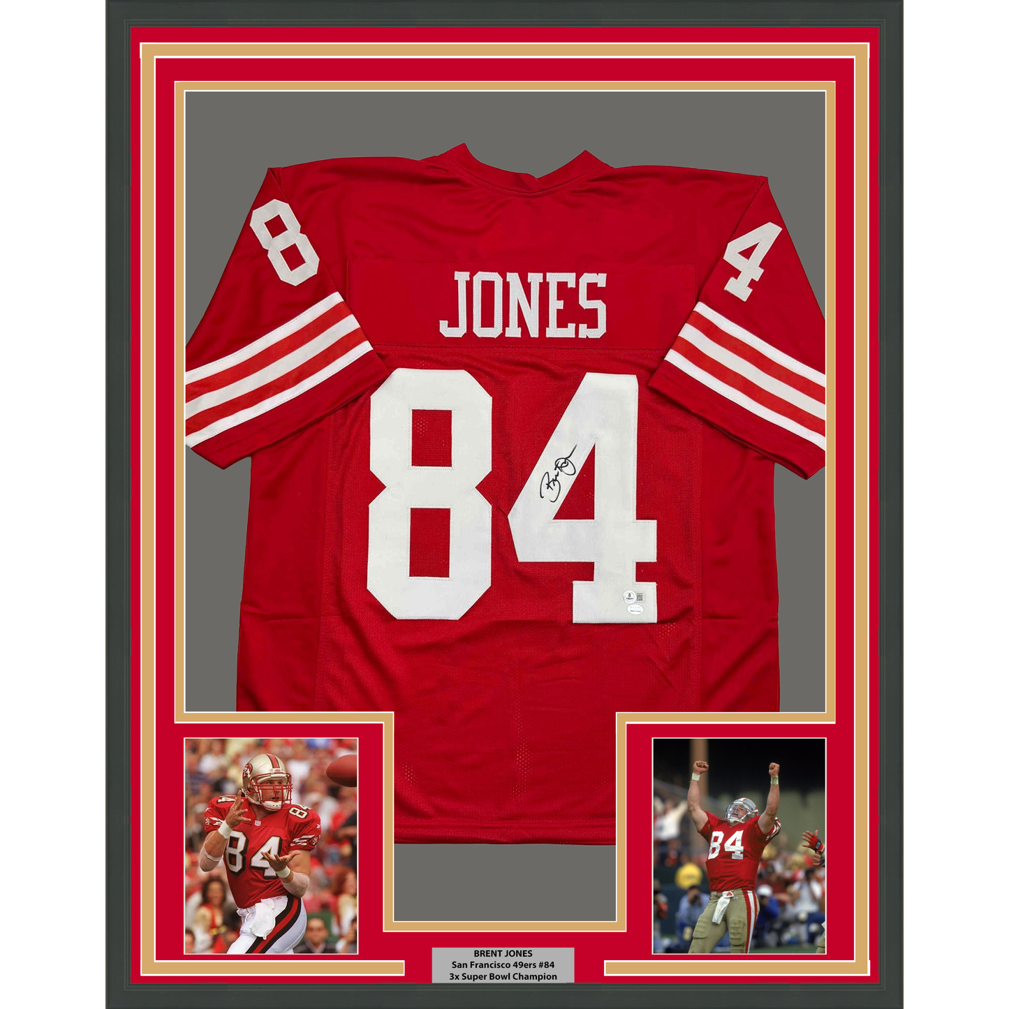 Framed Autographed/Signed Brent Jones 35x39 San Francisco Red Football Jersey Beckett BAS COA