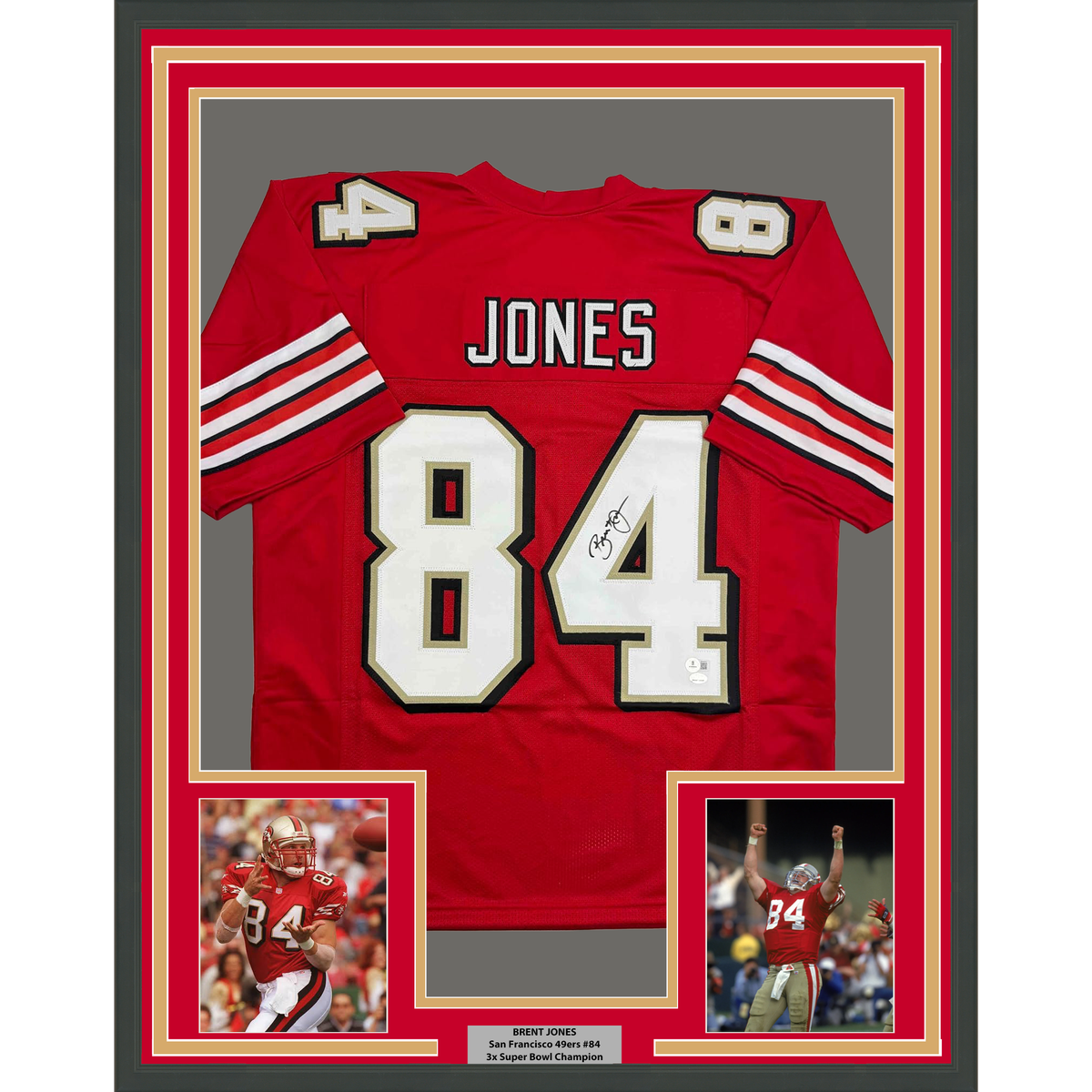 Framed Autographed/Signed Brent Jones 35x39 San Francisco Red Alternate Football Jersey Beckett BAS COA
