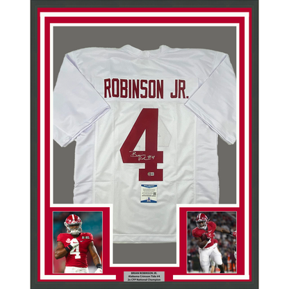 Framed Autographed/Signed Brian Robinson Jr. 35x39 Alabama White College Football Jersey Beckett BAS COA