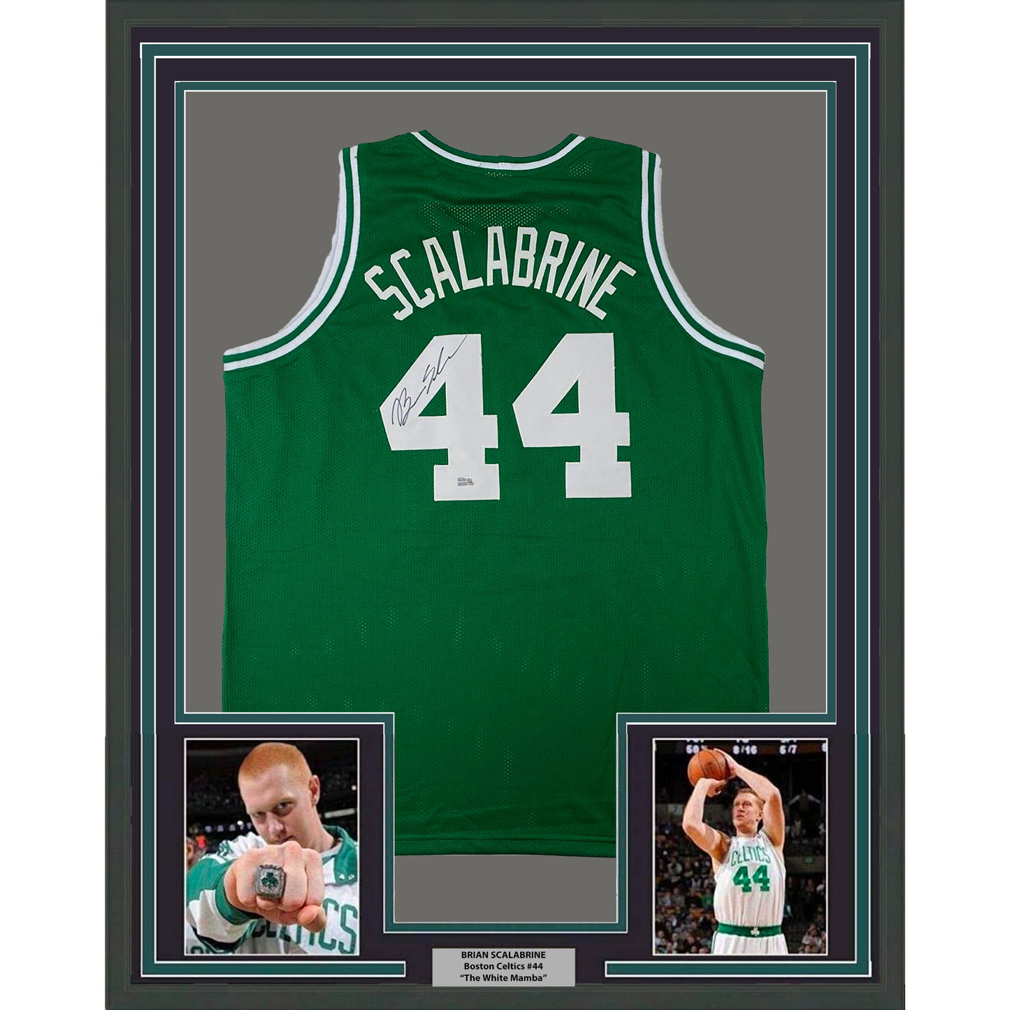 Framed Autographed/Signed Brian Scalabrine 35x39 Boston Green Basketball Jersey Steiner COA