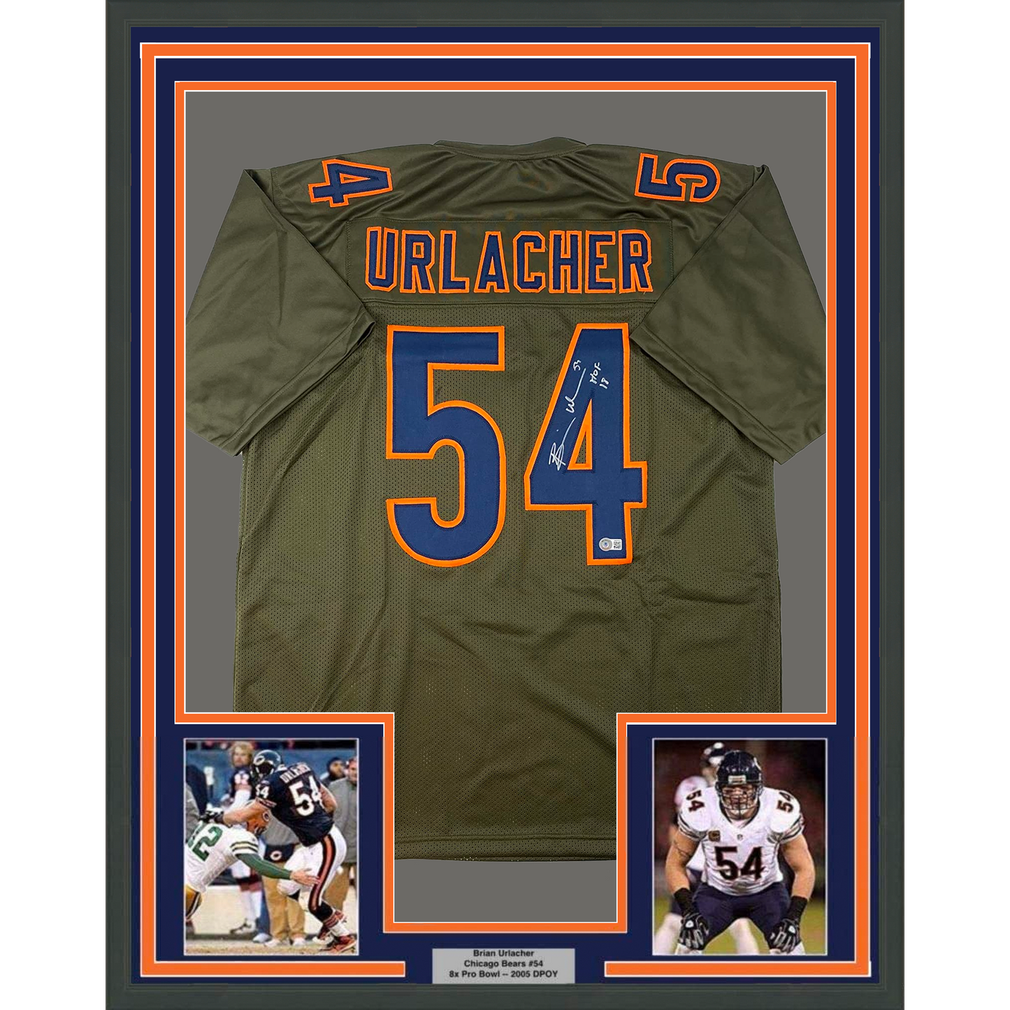 Framed Autographed/Signed Brian Urlacher 35x39 HOF 18 Chicago Green Salute To Service Football Jersey Beckett BAS COA