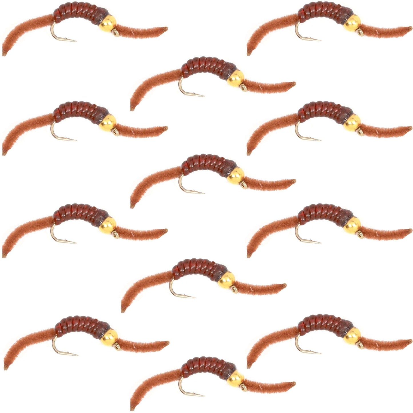 Barbless Tungsten San Juan Bead Head Power Worm Brown 12 Flies Size 10