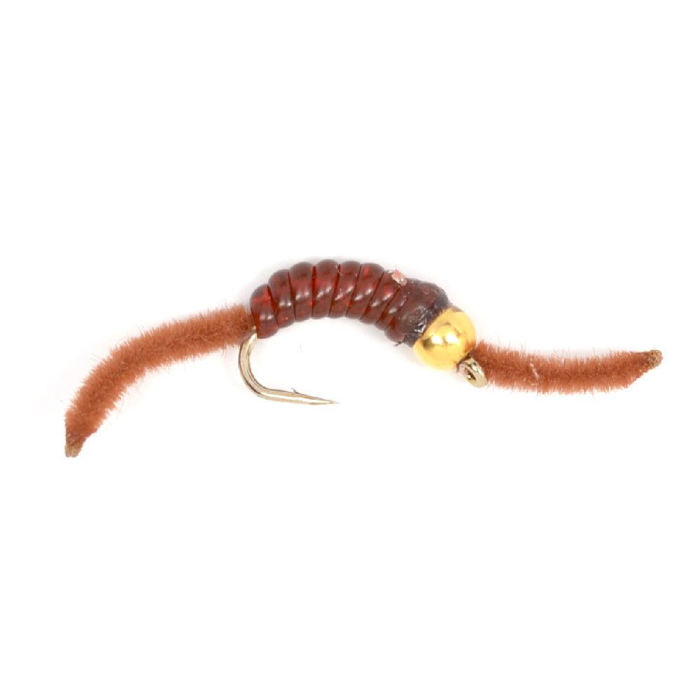 Barbless Tungsten San Juan Bead Head Power Worm Brown 12 Flies Size 14