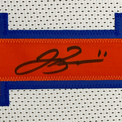 Framed Autographed/Signed Jalen Brunson 35x39 New York White Basketball Jersey PSA/DNA COA