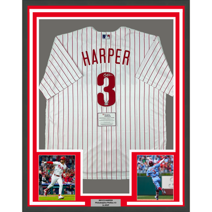 Framed Autographed/Signed Bryce Harper 35x39 Philadelphia Phillies Pinstripe Replica Baseball Jersey Fanatics & MLB COA