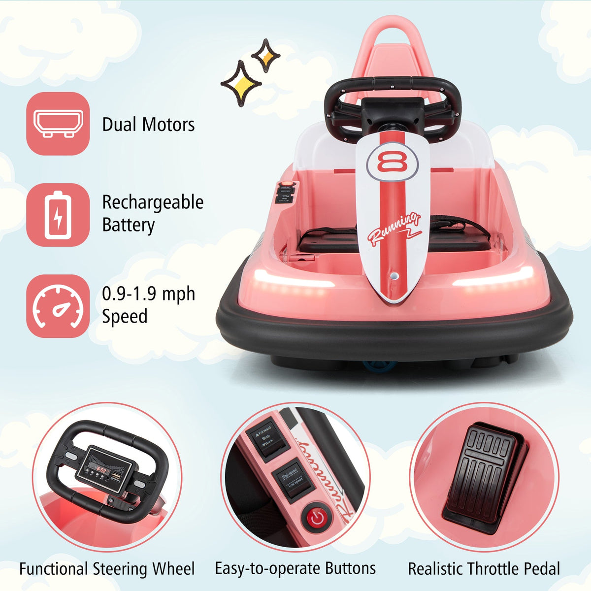6V kids Ride-on Bumper Car with 360° Spinning and Dual Motors-Pink