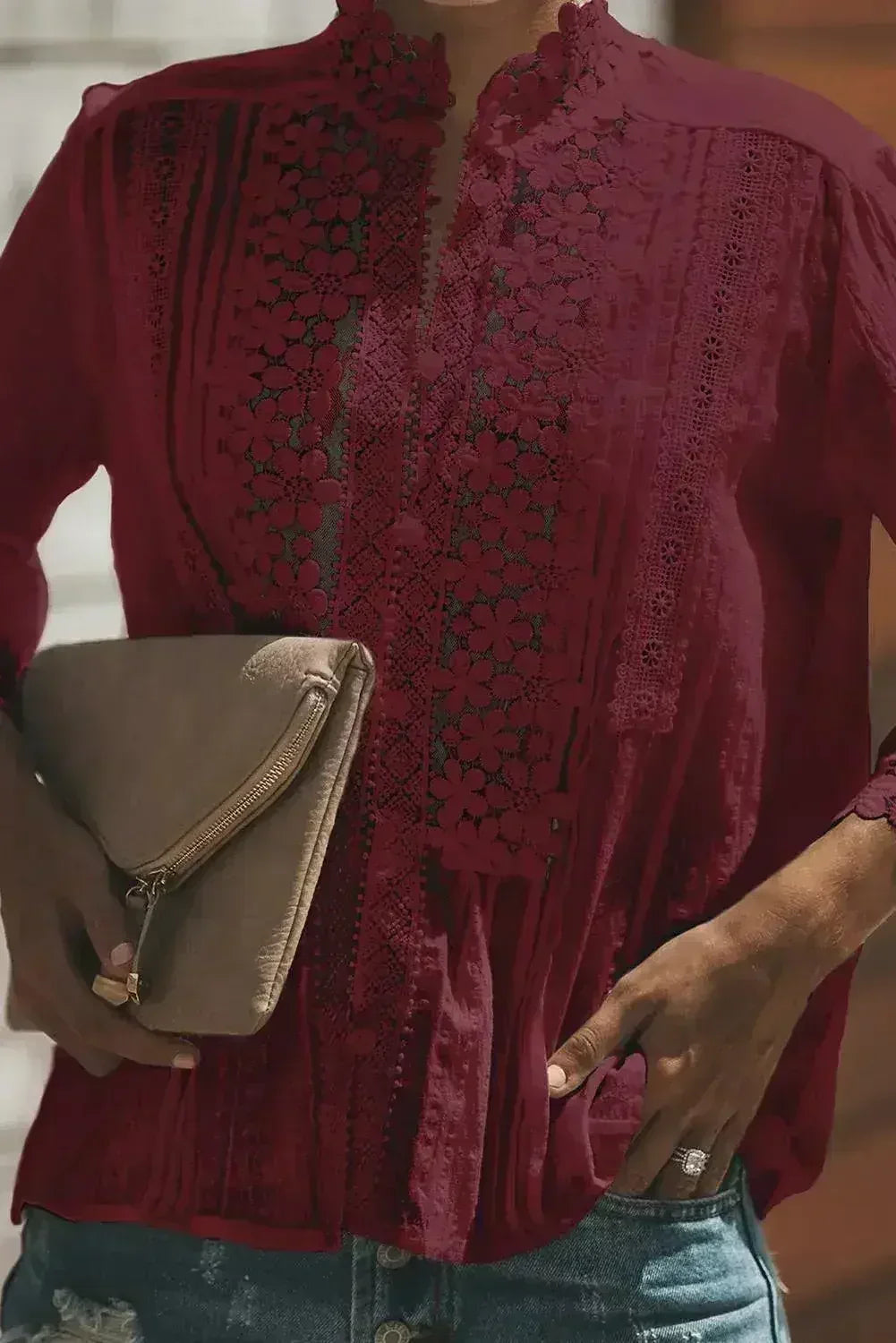 Burgundy Red Sweet Mary Crochet Lace Blouse | Femstylo