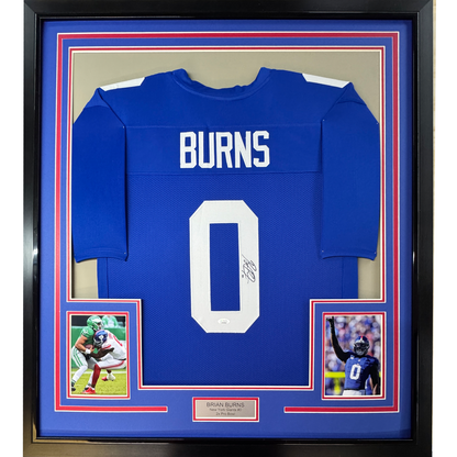 Framed Autographed/Signed Brian Burns 35x39 New York Blue Football Jersey JSA COA