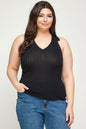 Solid Ribbed Knit Polo Sleeveless Top