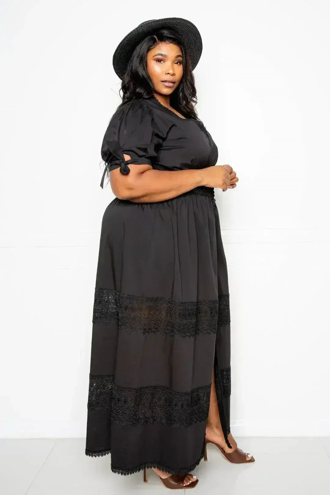 Puff Sleeve Maxi Dress With Lace Insert