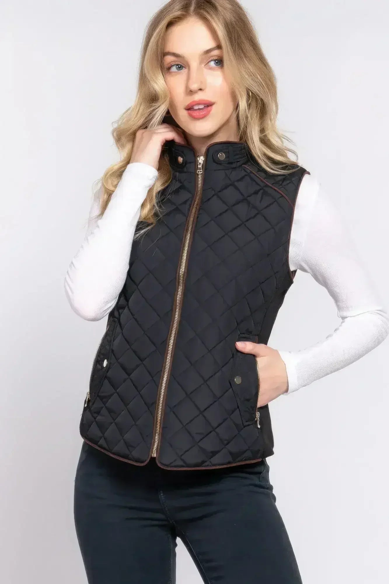 Quilted Suede Piping Vest - Pale Taupe | Femstylo