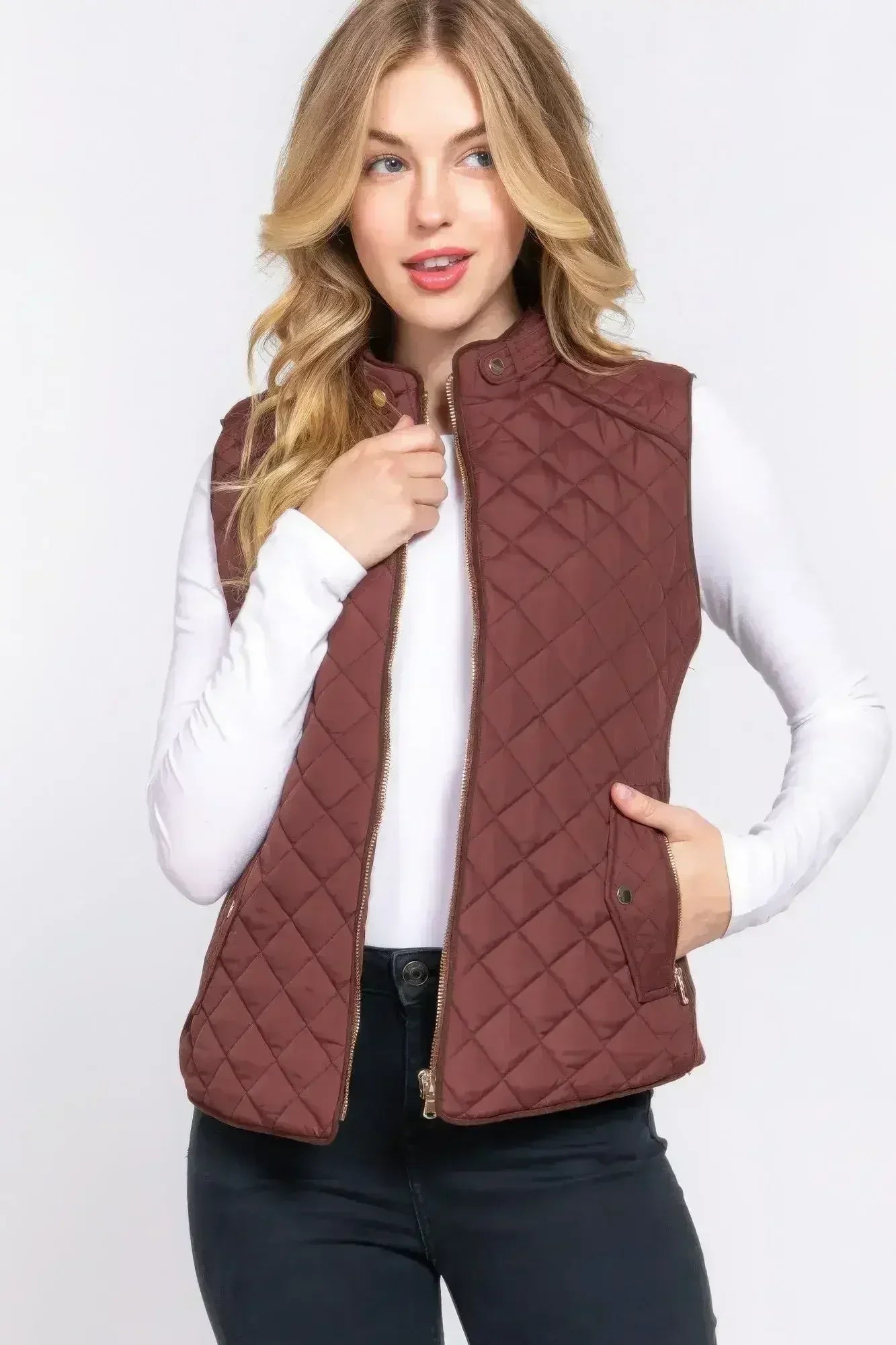 Quilted Suede Piping Vest - Pale Taupe | Femstylo