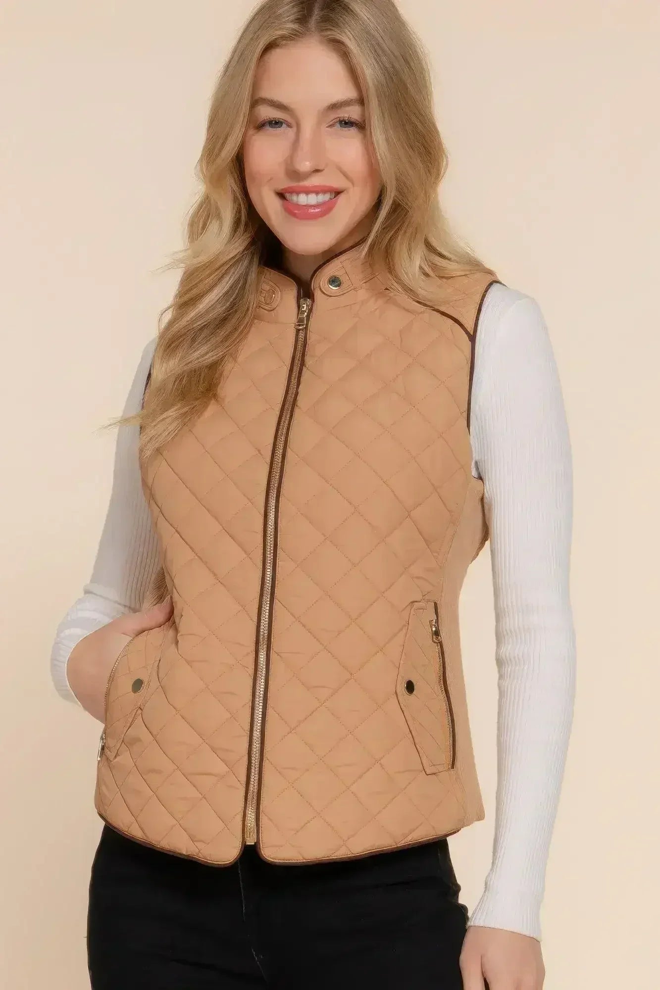 Quilted Suede Piping Vest - Pale Taupe | Femstylo