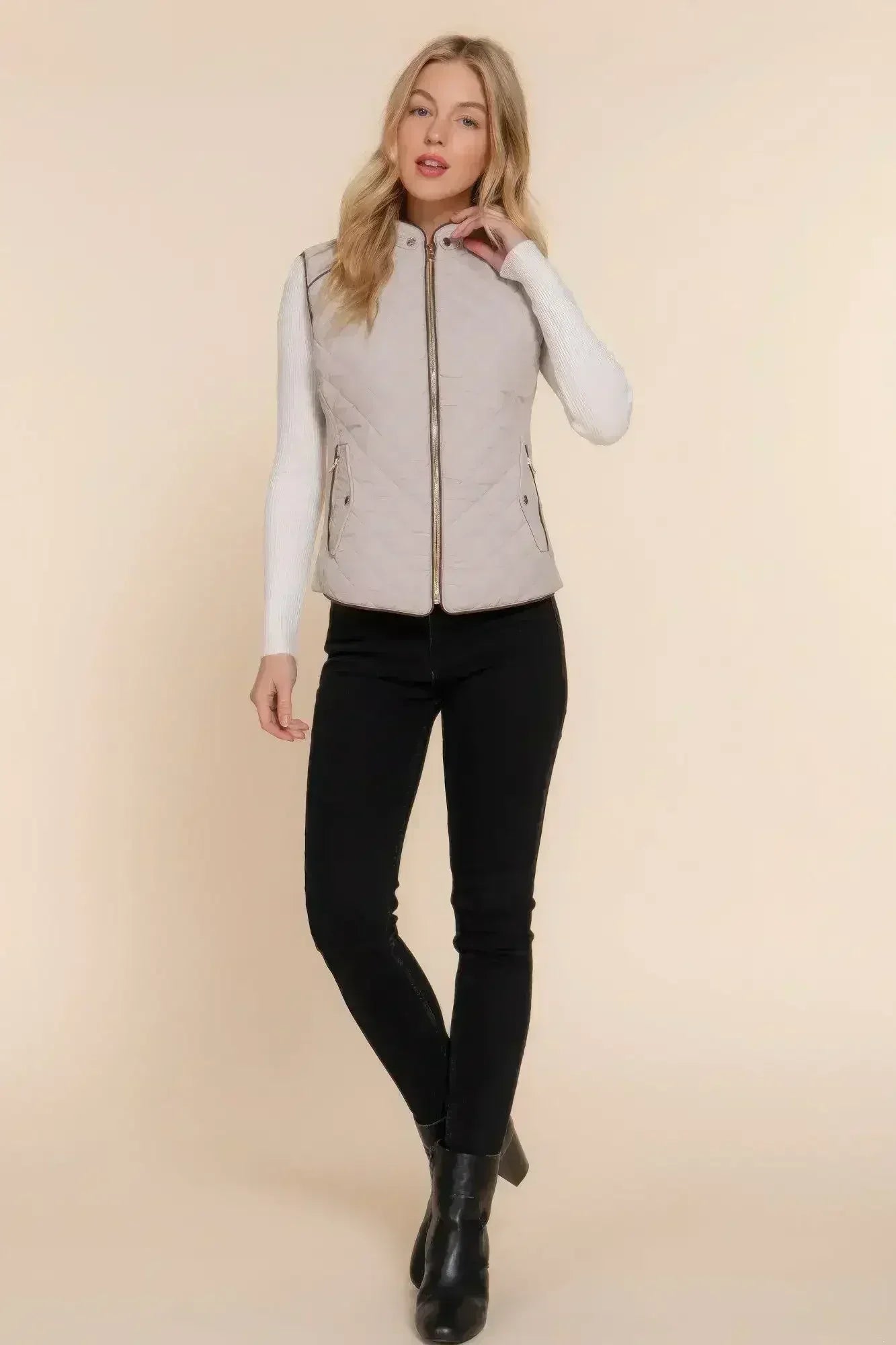Quilted Suede Piping Vest - Pale Taupe | Femstylo