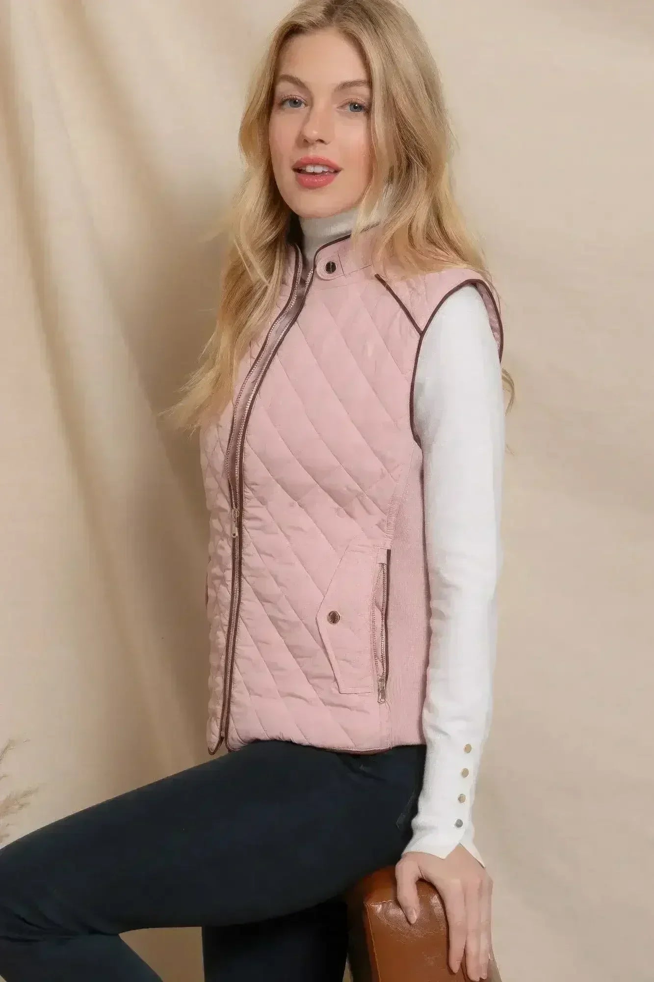 Quilted Suede Piping Vest - Pale Taupe | Femstylo