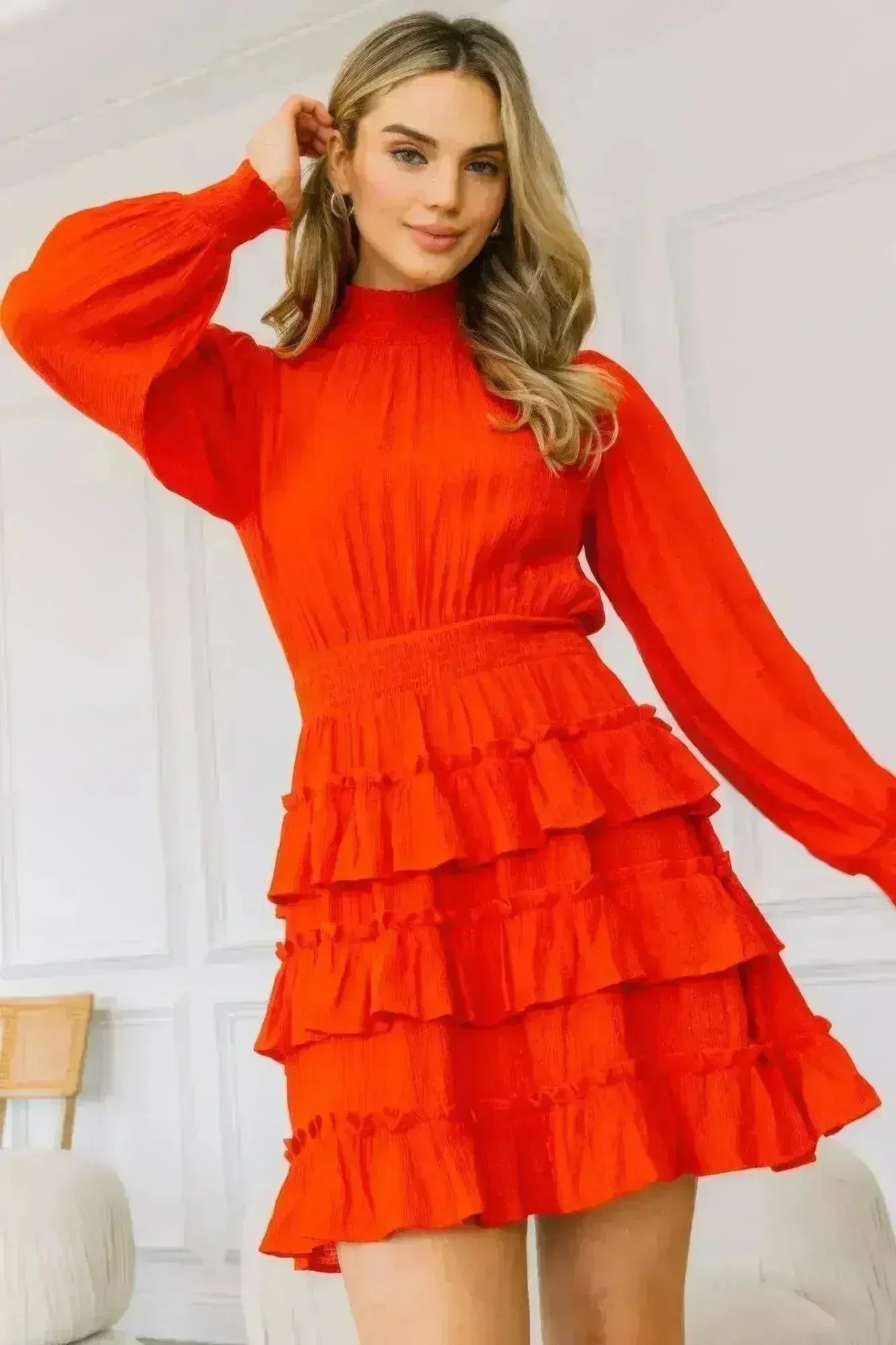 Red Ruffle Mini Dress – Smocked Neck & Tiered Detail