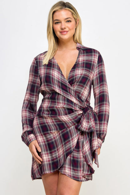 Long Sleeve Plaid Side Tie Dress