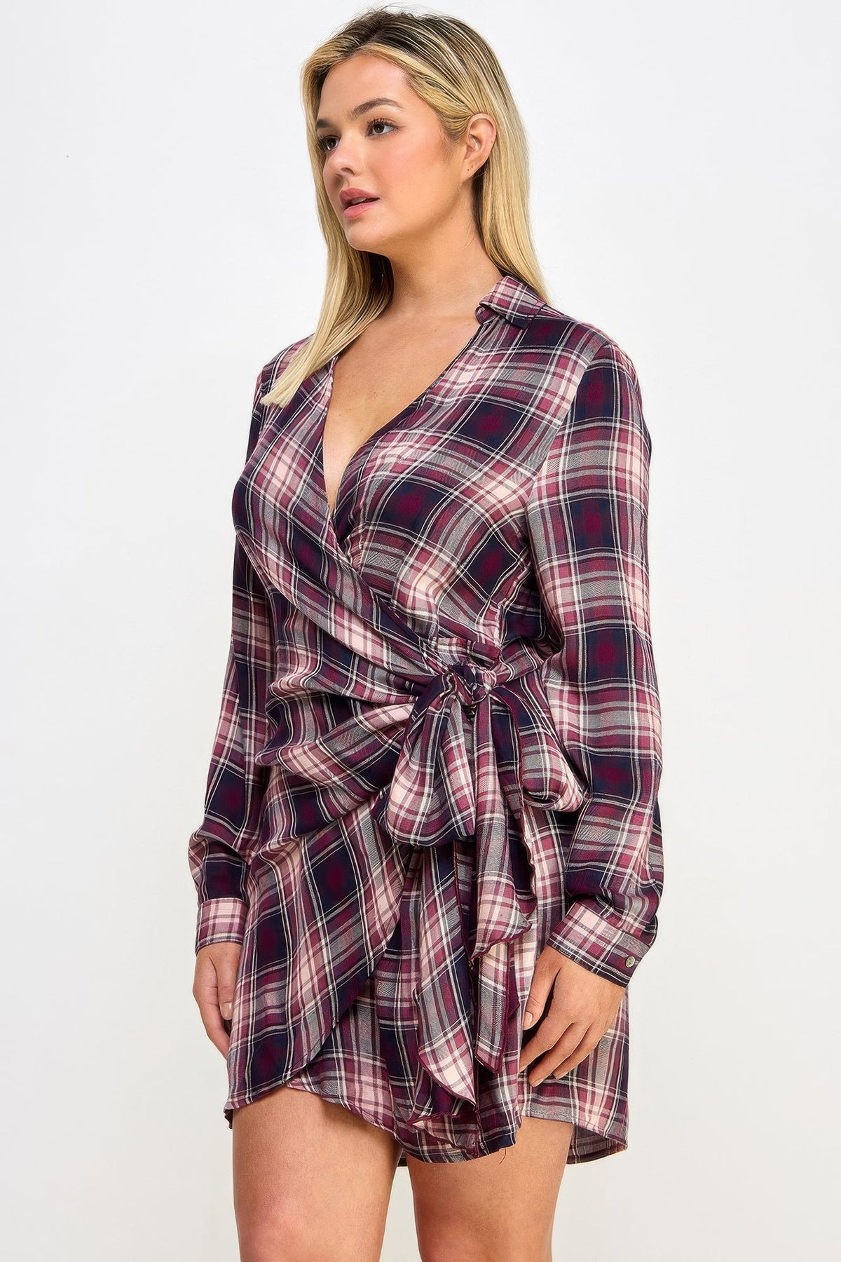 Long Sleeve Plaid Side Tie Dress