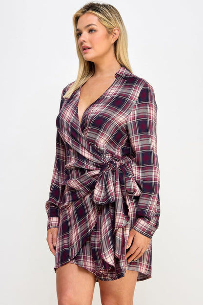 Long Sleeve Plaid Side Tie Dress