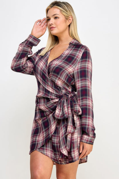 Long Sleeve Plaid Side Tie Dress