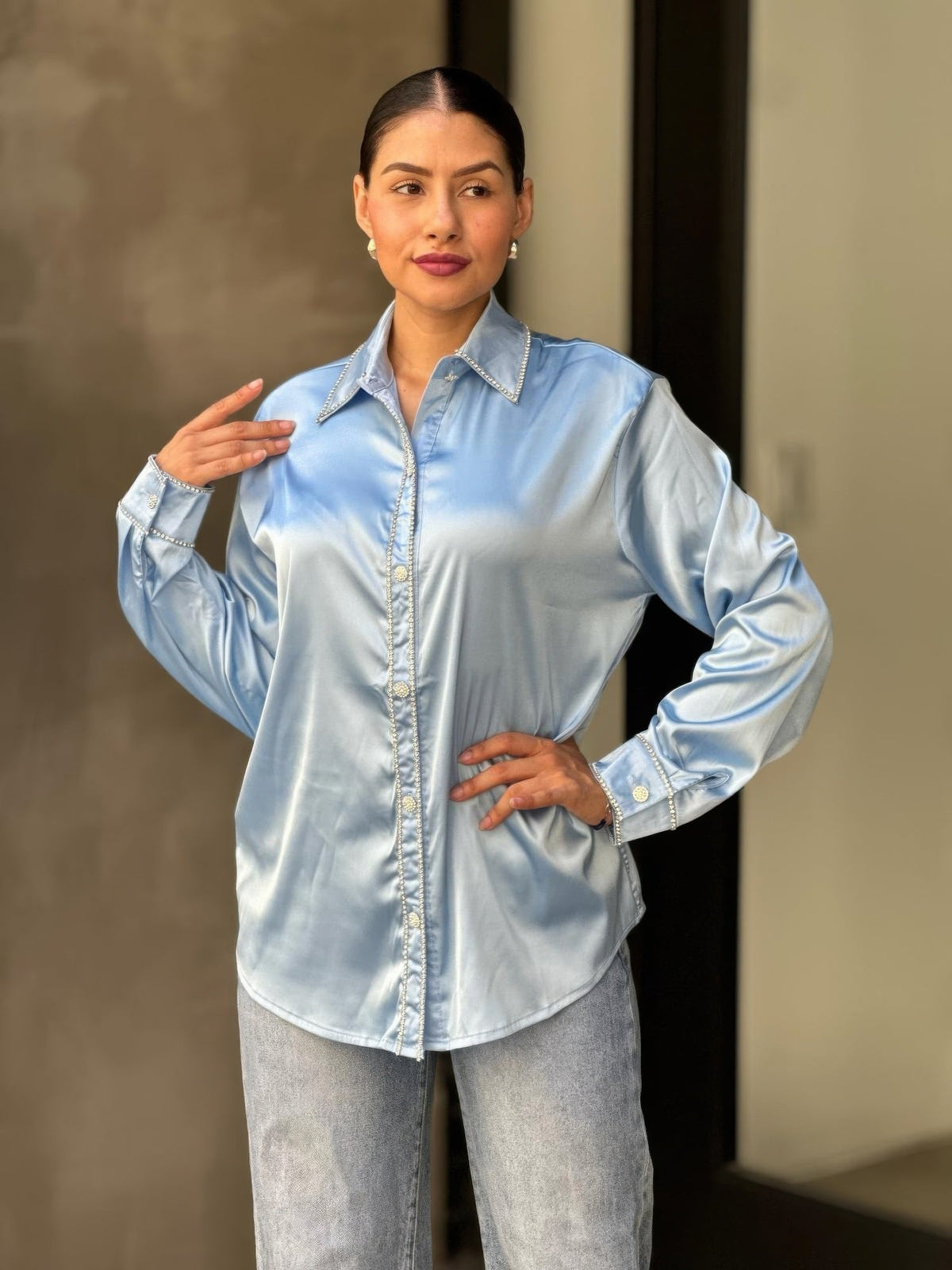 Rhinestone Diamond Lined Button Down Satin Blouse