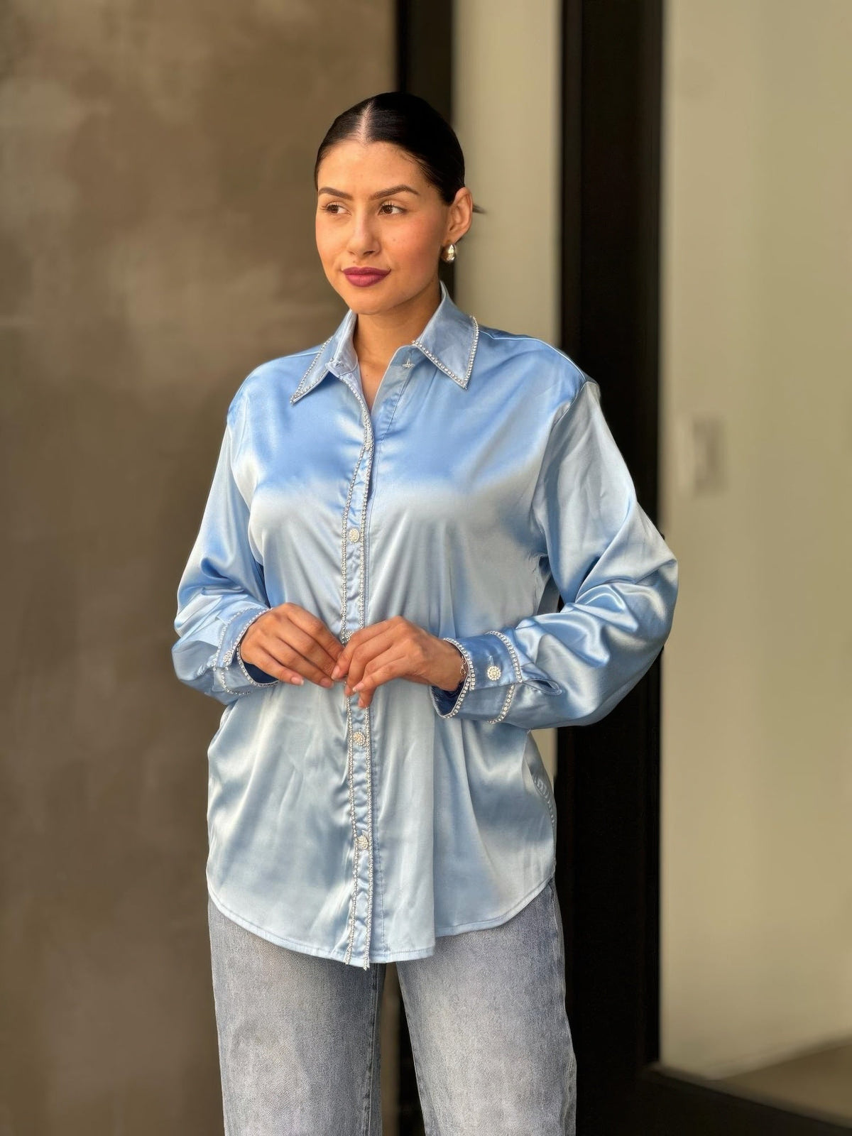 Rhinestone Diamond Lined Button Down Satin Blouse