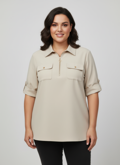 Zip Front Utility Pocket Tunic Blouse