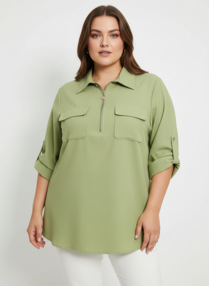 Zip Front Utility Pocket Tunic Blouse