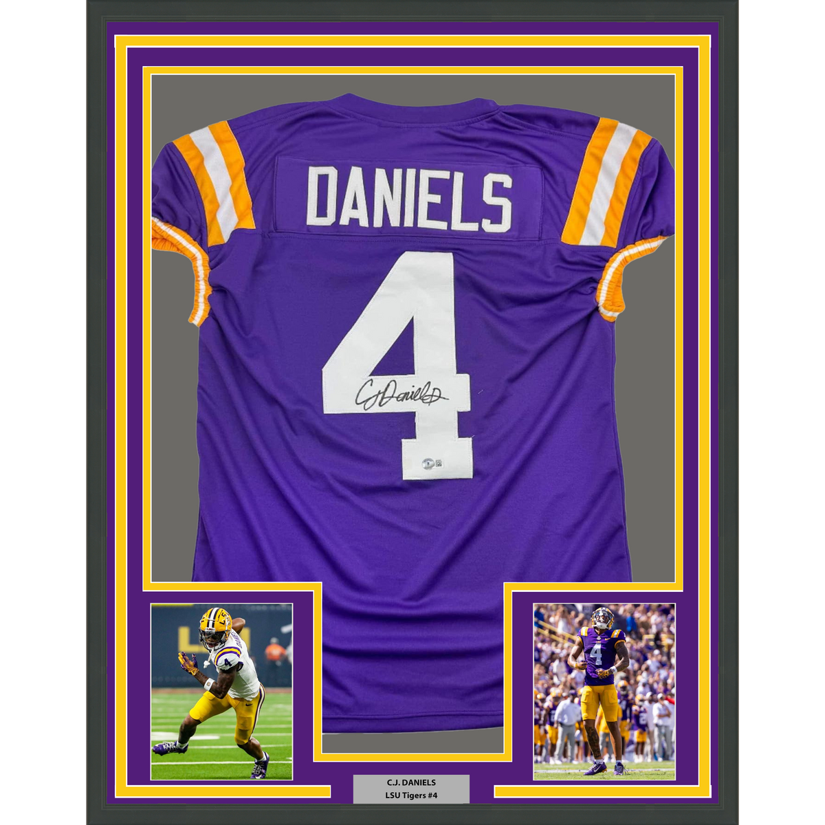Framed Autographed/Signed CJ C.J. Daniels 35x39 LSU Purple College Football Jersey Beckett BAS COA